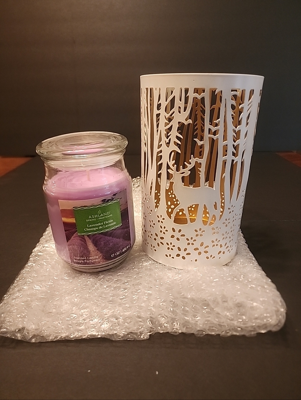 New Fancy White & Gold Metal Deer & Woods Décor Container+Lavender Candle, Gift